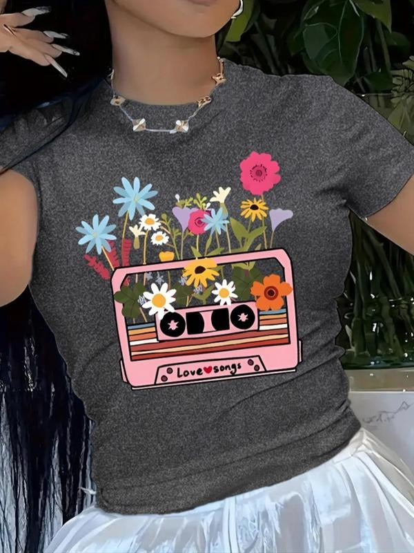 Women's Floral & Cassette Print Round Neck Tee, Trendy Casual Crew Neck Short Sleeve T-shirt for Daily Wear, Ladies...