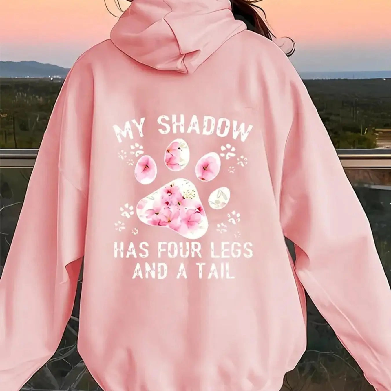 Women's Floral & Cat Paw Print Drop Shoulder Hoodie, Fashion Casual Drawstring Pocket Hooded Sweatshirt for Daily Holiday...
