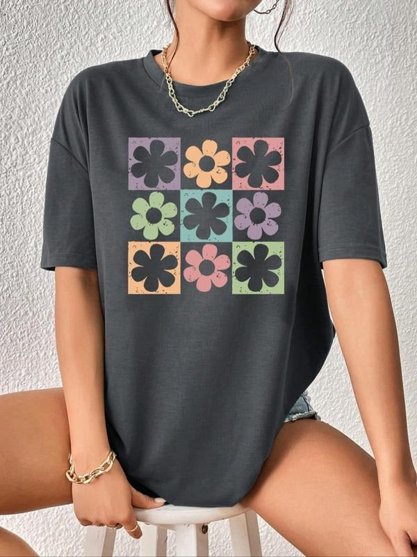 Women's Floral & Checker Print Drop Shoulder Tee, Casual Short Sleeve Round Neck T-shirt for Fall & Winter, Women's Top...