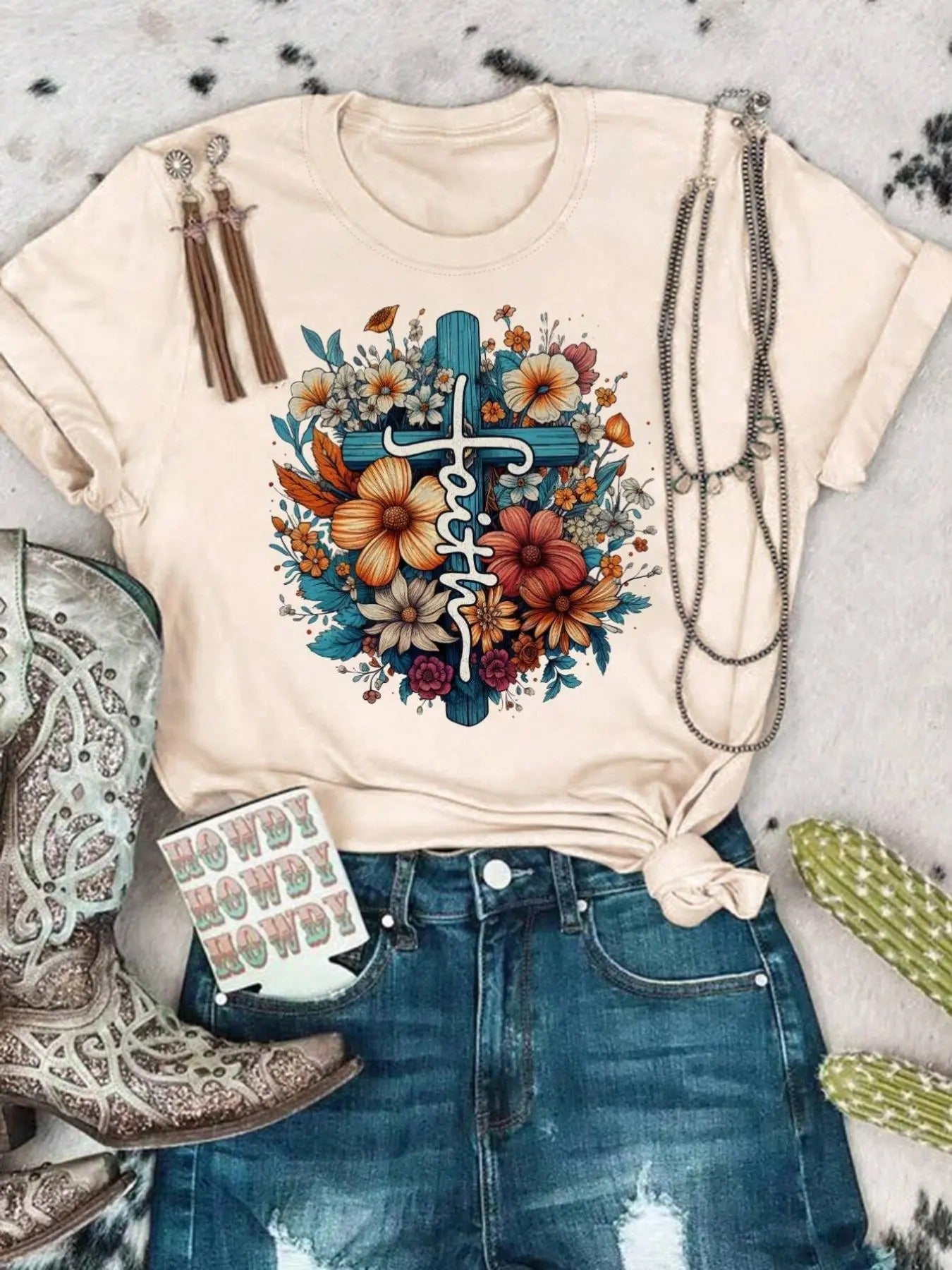 Women's Floral & Cross Print Round Neck Vintage Graphic Tees, Graphic Tees, Vintage Trendy Casual Short Sleeve T-shirt...