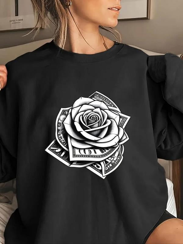 Women's Floral & Dollar Print Round Neck Pullover, Fashion Casual Crew Neck Sweatshirt for Daily Holiday Outdoor Wear,...