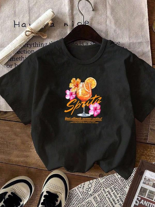 Women's Floral & Drink Print Round Neck Tee, Vintage Trendy Casual Short Sleeve Letter Graphic T-shirt for Daily Wear,...