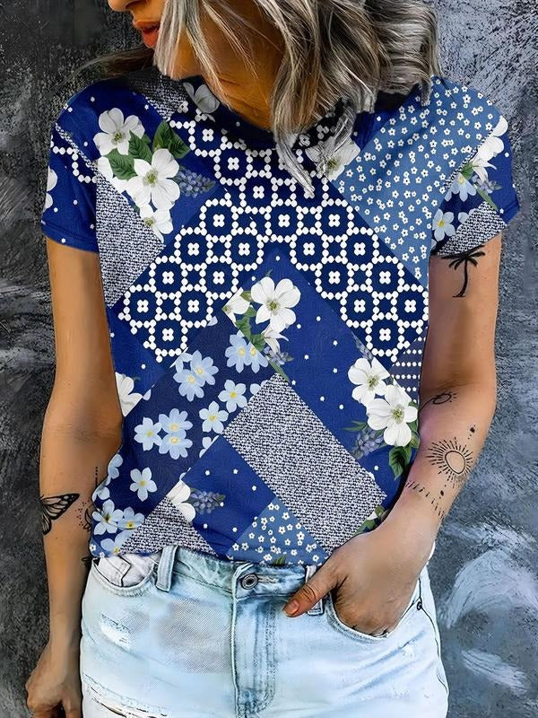 Women's Floral & Ethnic Pattern Round Neck Tee, Boho Casual Short Sleeve T-Shirt for Daily Holiday Vacation Wear, Ladies...