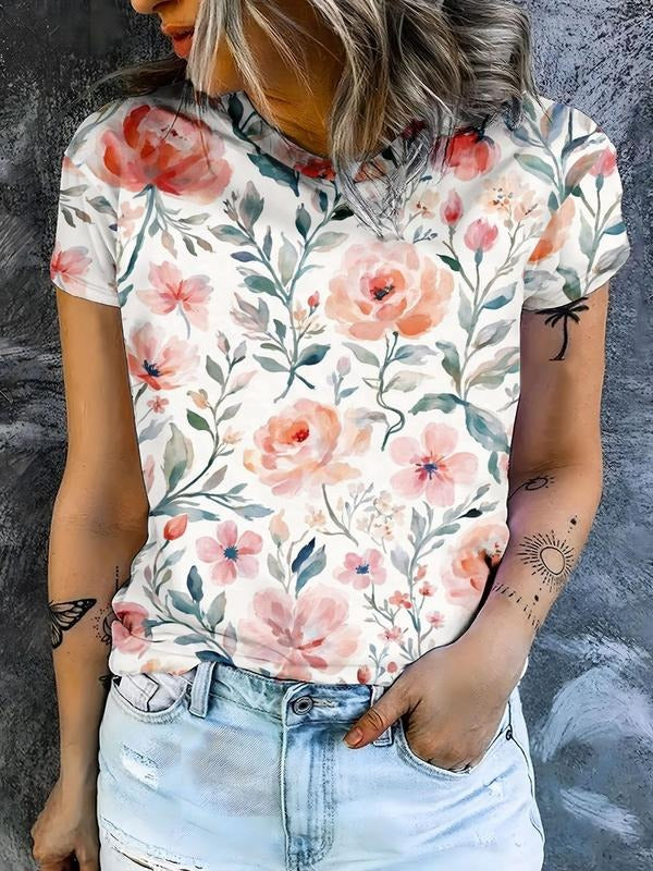 Women's Floral & Ethnic Pattern Round Neck Tee, Casual Short Sleeve Crew Neck T-Shirt for Summer, Fashion Women's Top for...