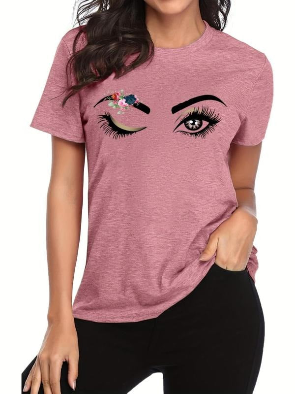 Women's Floral & Eyes Print Round Neck Tee, Casual Short Sleeve Crew Neck T-Shirt for Daily Wear, Ladies Clothes for All...