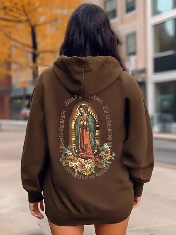 Women's Floral & Figure & Letter Print Drop Shoulder Hoodie, Fashion Casual Drawstring Pocket Hooded Sweatshirt for Daily...
