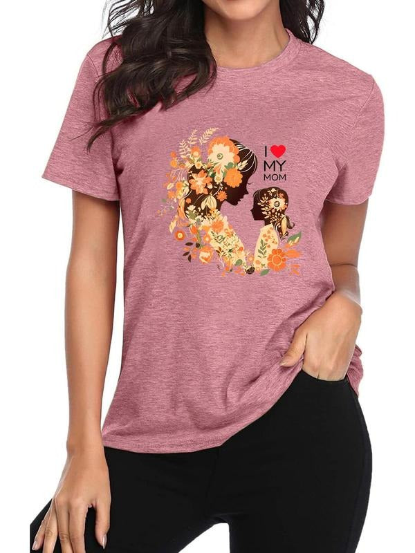 Women's Floral & Figure Print Round Neck Tee, Fashion Casual Short Sleeve Crew Neck T-Shirt for Daily Holiday Vacation...