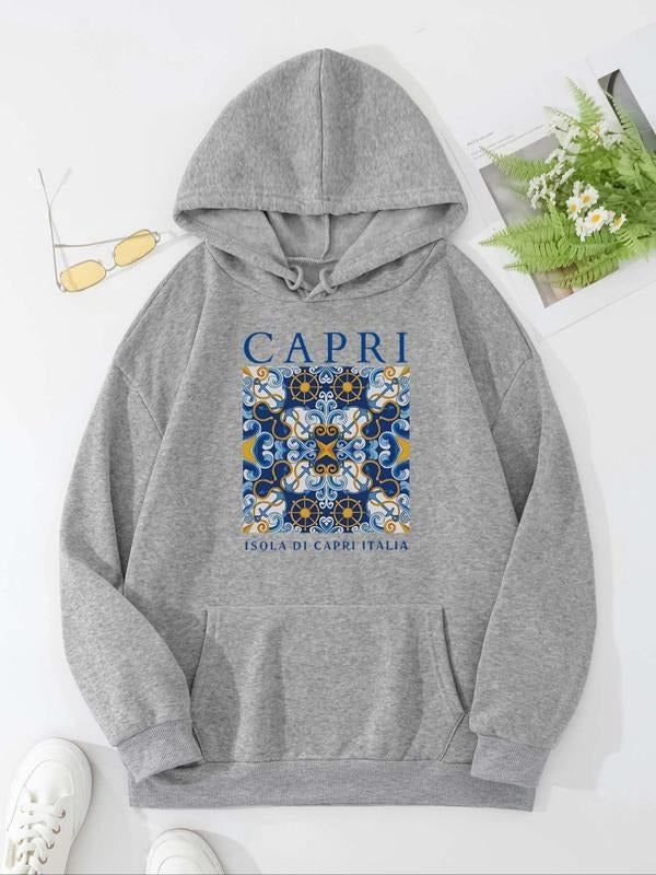 Women's Floral & Geometric Print Drop Shoulder Hoodie, Fashion Casual Drawstring Pocket Hooded Sweatshirt for Daily...