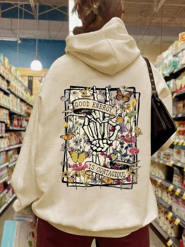 Women's Floral & Halloween Skeleton Print Drop Shoulder Hoodie, Fashion Casual Drawstring Pocket Hooded Sweatshirt for...