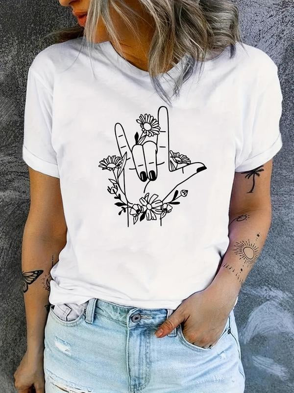 Women's Floral & Hand Print Round Neck Tee, Casual Short Sleeve T-shirt, Ladies All Seasons Outfit Hoodie, Sweatshirt