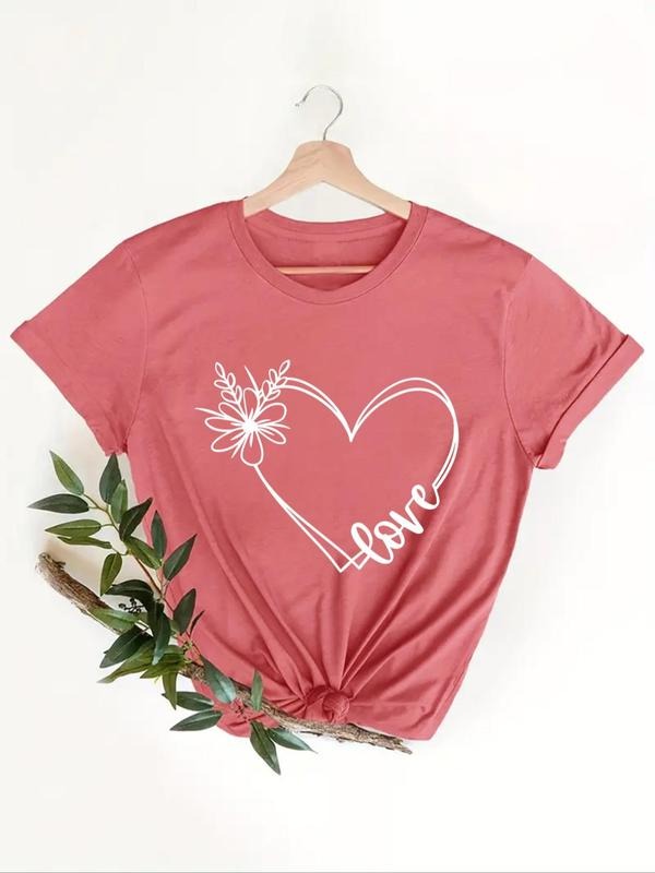 Women's Floral & Heart & Letter Print Round Neck Tee, Casual Short Sleeve T-shirt for Daily Wear, Ladies Clothes for All...