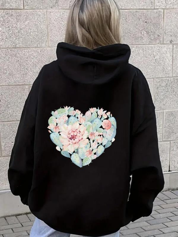 Women's Floral & Heart Print Drop Shoulder Hoodie, Fashion Casual Drawstring Pocket Hooded Sweatshirt for Daily Holiday...