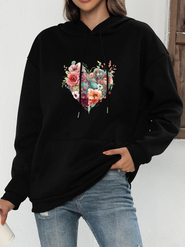 Women's Floral & Heart Print Drop Shoulder Hoodie, Fashion Casual Drawstring Pocket Hooded Sweatshirt for Daily Holiday...