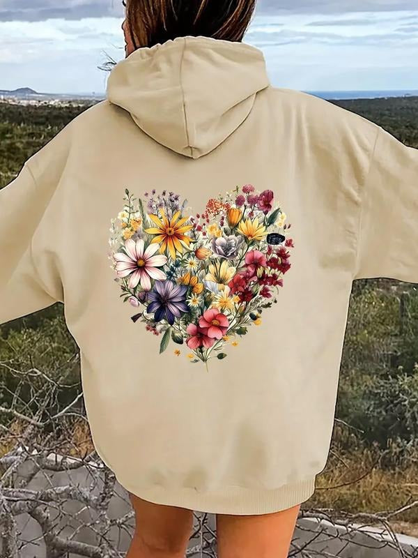 Women's Floral & Heart Print Drop Shoulder Hoodie, Fashion Casual Drawstring Pocket Hooded Sweatshirt for Daily Holiday...