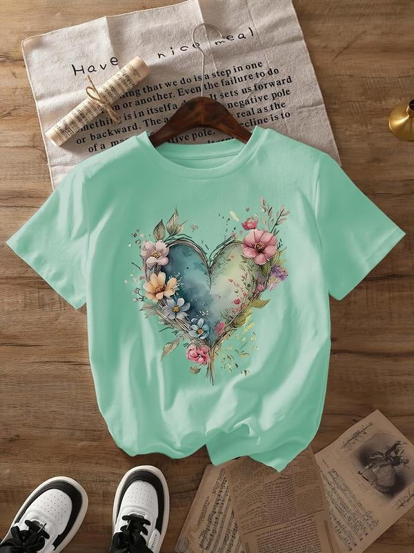 Women's Floral & Heart Print Round Neck Tee, Casual Short Sleeve Crew Neck T-Shirt for Summer, Fashion Women's Top for...