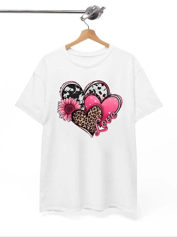Women's Floral & Heart Print Round Neck Tee, Casual Short Sleeve Graphic T-shirt, Ladies Summer Outfit Hoodie, Sweatshirt