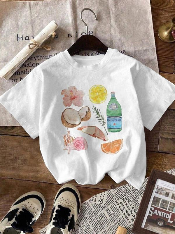 Women's Floral & Lemon Print Round Neck Tee, Casual Short Sleeve Crew Neck T-Shirt for Summer, Fashion Women's Top for...