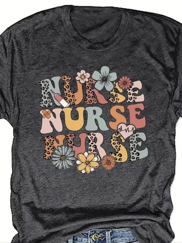 Women's Floral & Leopard Letter Print Round Neck Tee, Casual Short Sleeve Crew Neck T-Shirt for Summer, Fashion Women's...