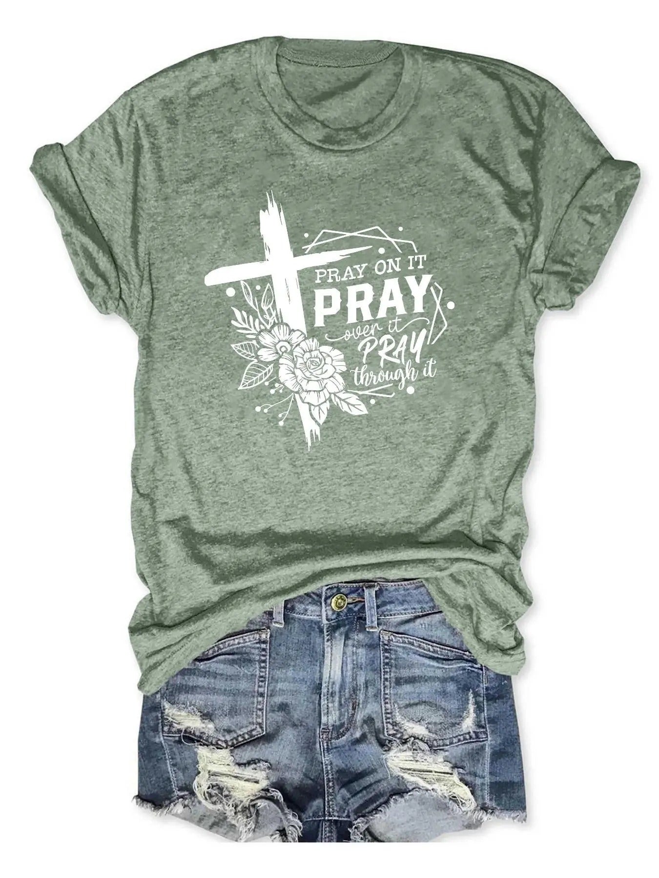 Women's Floral & Letter & Cross Print Round Neck Tee, Vintage Trendy Casual Short Sleeve T-shirt for Daily Wear, Ladies...