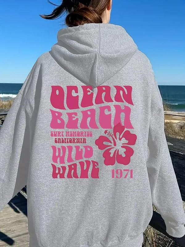 Women's Floral & Letter & Number Print Drop Shoulder Hoodie, Fashion Casual Drawstring Kangaroo Pocket Hooded Sweatshirt...