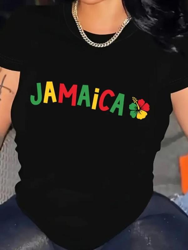 Women's Floral & Letter "JAMAICA" Print Round Neck Tee, Casual Short Sleeve Crew Neck T-Shirt for Summer, Fashion Women's...