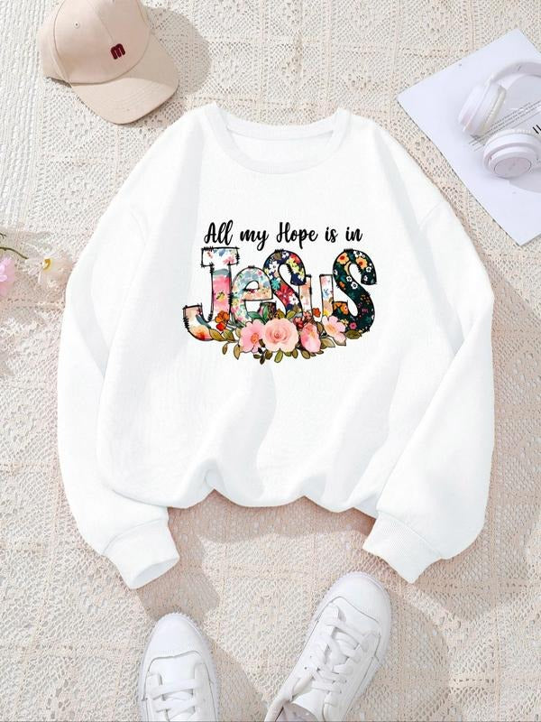 Women's Floral & Letter Print Crew Neck Sweatshirt, Casual Long Sleeve Pullover for Fall & Winter, Women's Clothes for...
