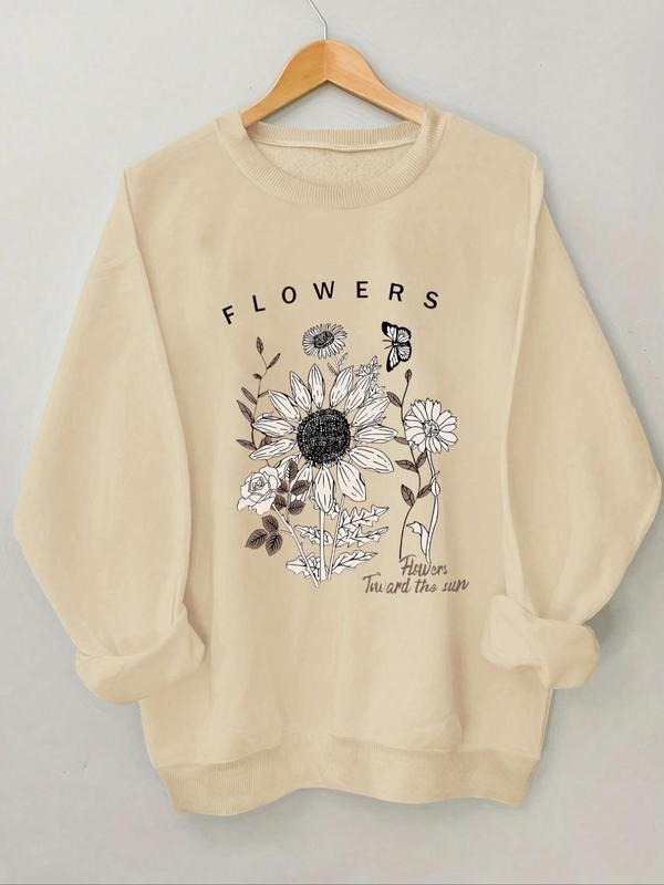 Women's Floral & Letter Print Crew Neck Sweatshirt, Casual Long Sleeve Pullover for Spring & Fall, Women's Clothes for...
