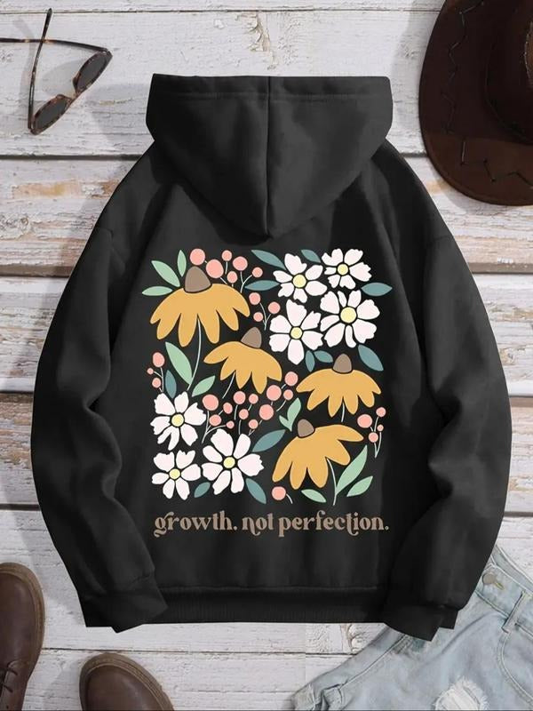 Women's Floral & Letter Print Drawstring Hoodie, Fashion Casual Hooded Sweatshirt for Daily Holiday Outdoor Wear, Women...