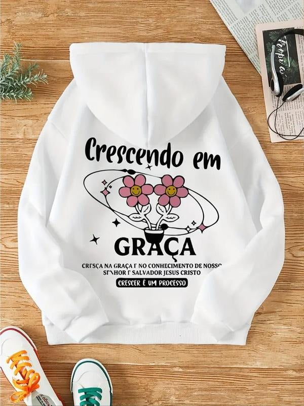 Women's Floral & Letter Print Drawstring Hoodie, Fashion Casual Hooded Sweatshirt for Daily Holiday Outdoor Wear, Women...