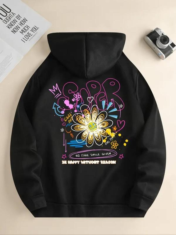 Women's Floral & Letter Print Drawstring Hoodie, Fashion Casual Hooded Sweatshirt for Daily Holiday Outdoor Wear, Women...