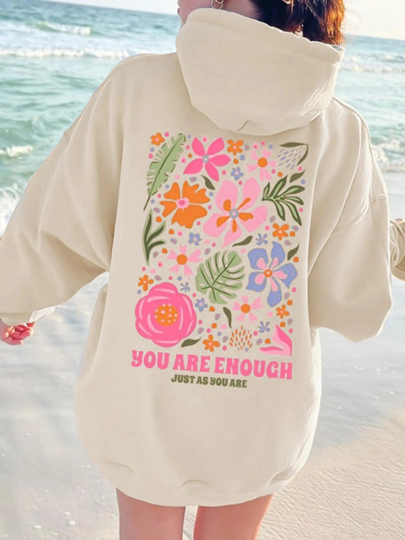 Women's Floral & Letter Print Drawstring Pocket Hoodie, Casual Drop Shoulder Long Sleeve Hooded Sweatshirt, Ladies Fall &...