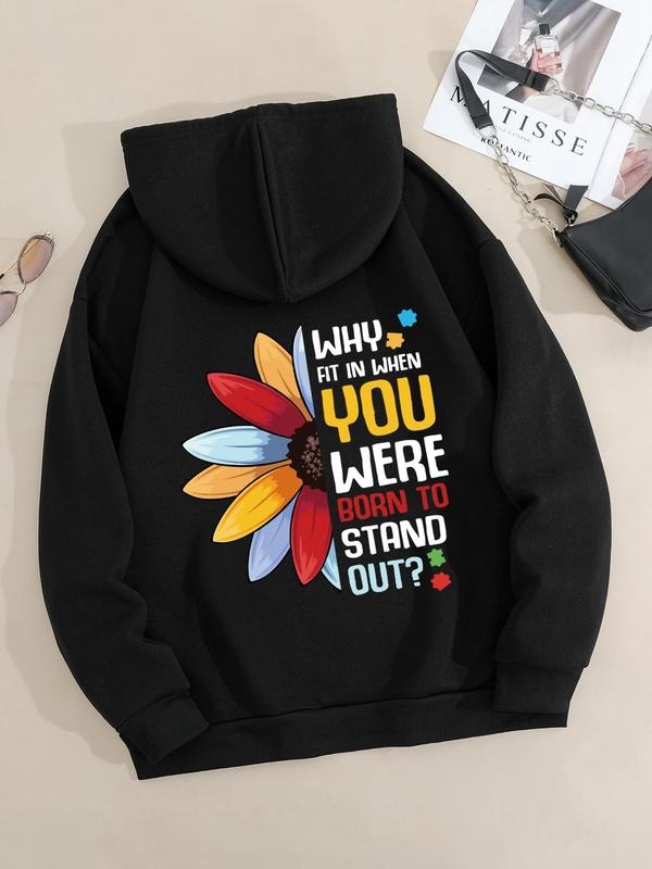 Women's Floral & Letter Print Drawstring Pocket Hoodie, Fashion Casual Hooded Sweatshirt for Daily Holiday Outdoor Wear,...