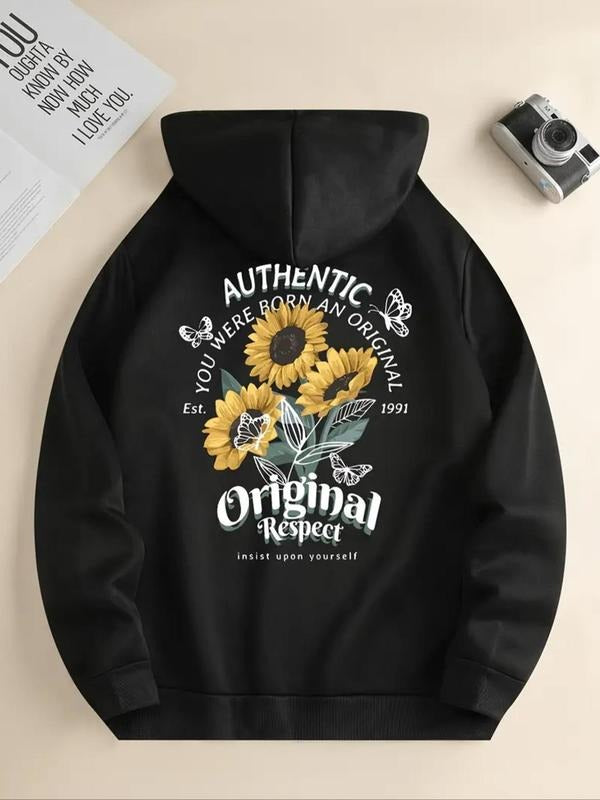 Women's Floral & Letter Print Drawstring Pocket Hoodie, Fashion Casual Hooded Sweatshirt for Daily Holiday Outdoor Wear,...