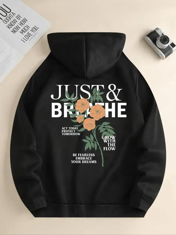 Women's Floral & Letter Print Drawstring Pocket Hoodie, Fashion Casual Hooded Sweatshirt for Daily Holiday Outdoor Wear,...