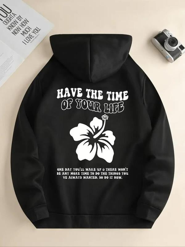 Women's Floral & Letter Print Drawstring Pocket Hoodie, Fashion Casual Long Sleeve Hooded Sweatshirt for Daily Holiday...