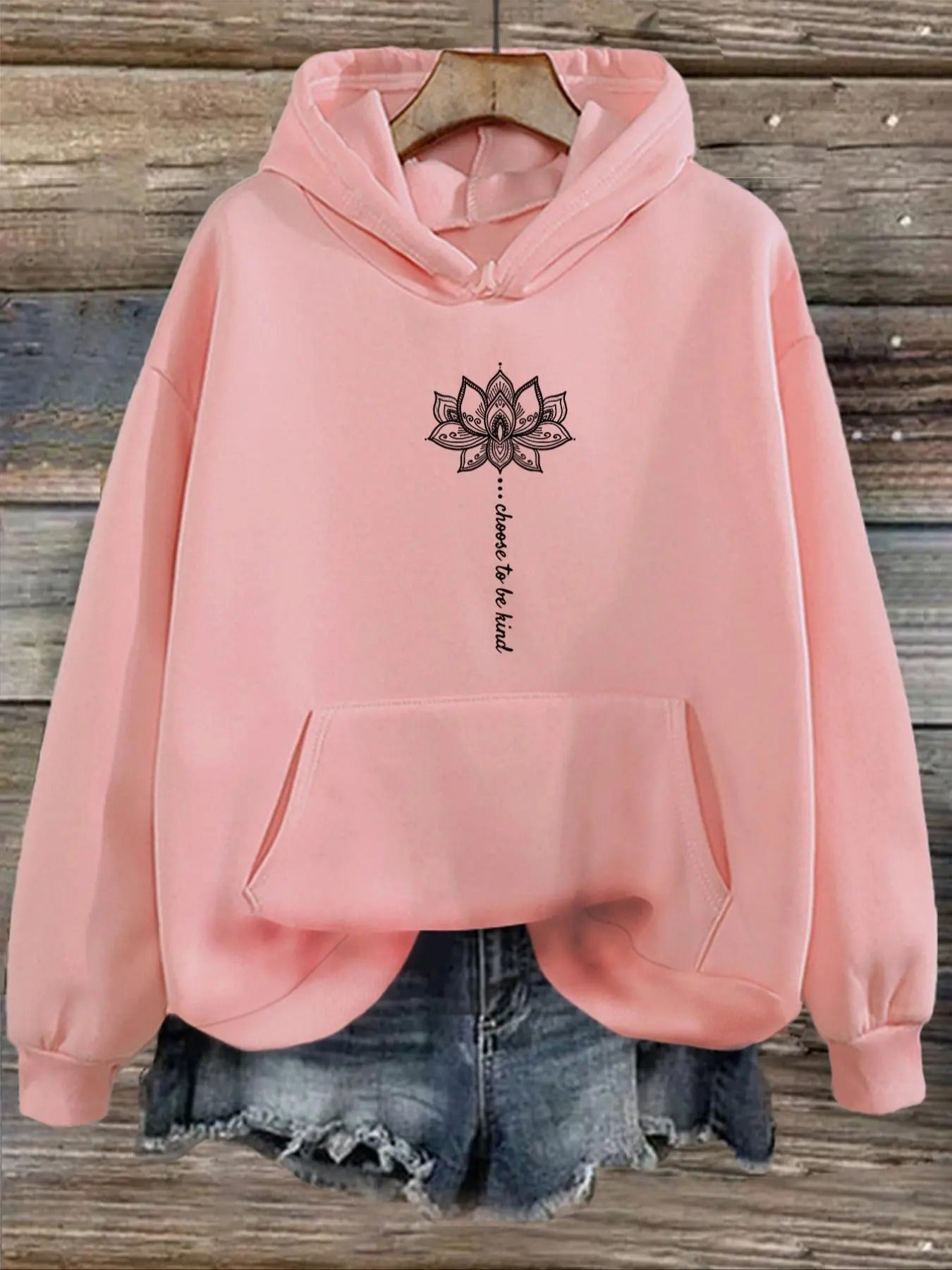 Women's Floral & Letter Print Drop Shoulder Hoodie, Casual Drawstring Pocket Hooded Sweatshirt for Daily Outdoor Wear,...