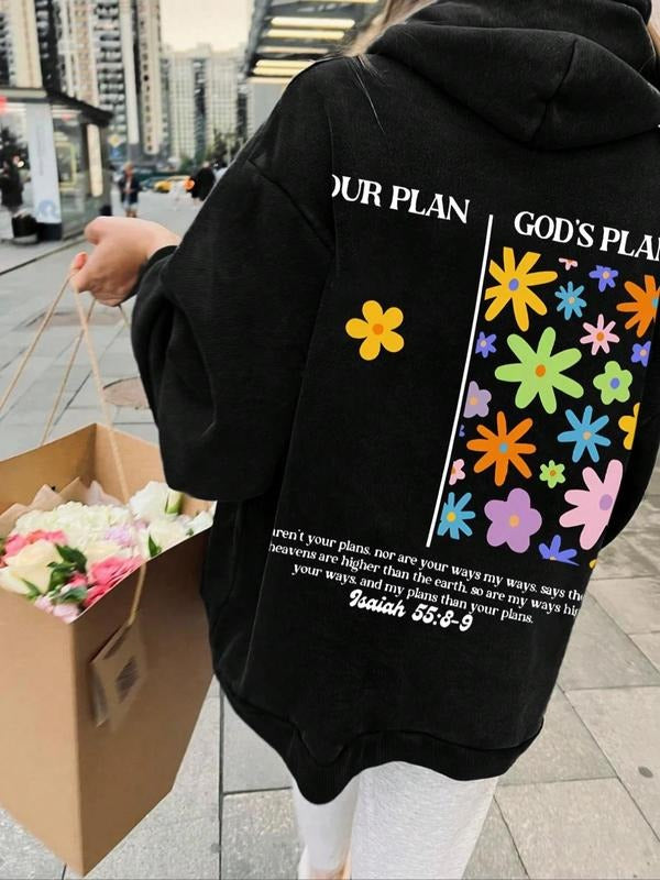 Women's Floral & Letter Print Drop Shoulder Hoodie, Fashion Casual Drawstring Pocket Hooded Sweatshirt for Daily Holiday...