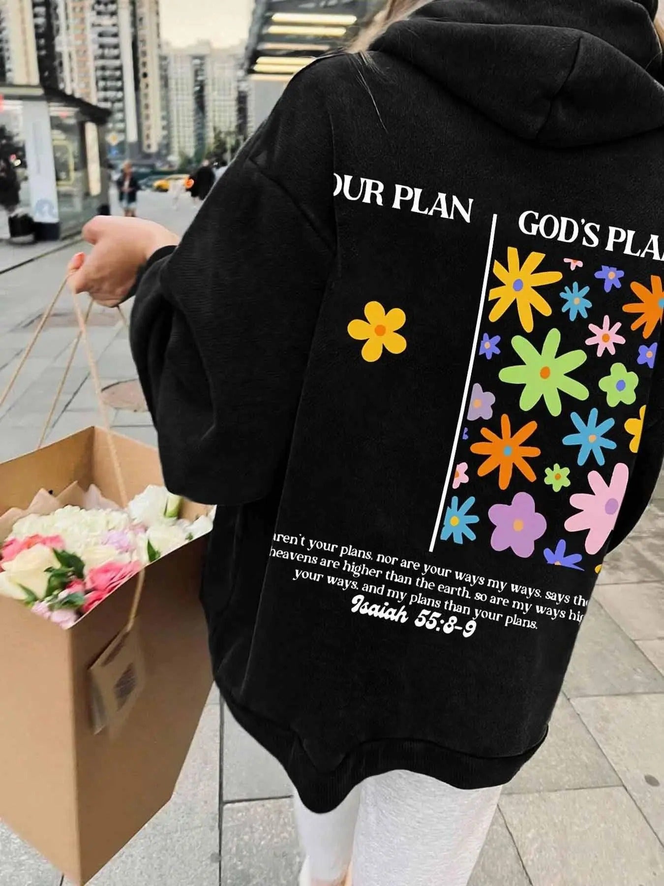 Women's Floral & Letter Print Drop Shoulder Hoodie, Fashion Casual Drawstring Pocket Hooded Sweatshirt for Daily Holiday...