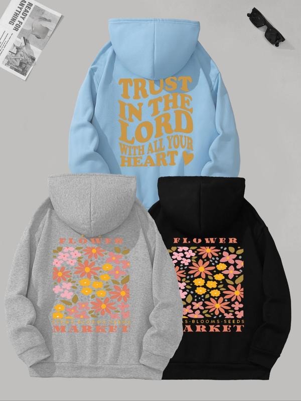 Women's Floral & Letter Print Drop Shoulder Hoodie, Fashion Casual Drawstring Pocket Hooded Sweatshirt for Daily Holiday...