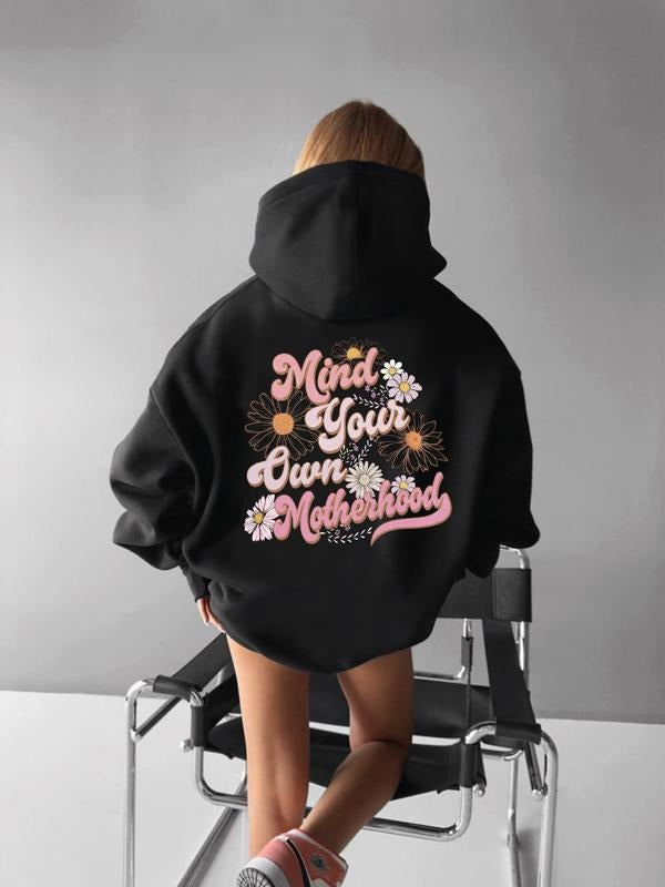 Women's Floral & Letter Print Drop Shoulder Hoodie, Fashion Casual Drawstring Pocket Hooded Sweatshirt for Daily Holiday...