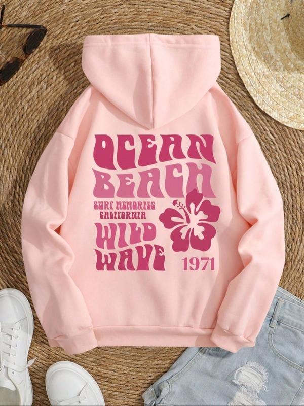Women's Floral & Letter Print Drop Shoulder Hoodie, Fashion Casual Drawstring Pocket Hooded Sweatshirt for Daily Holiday...