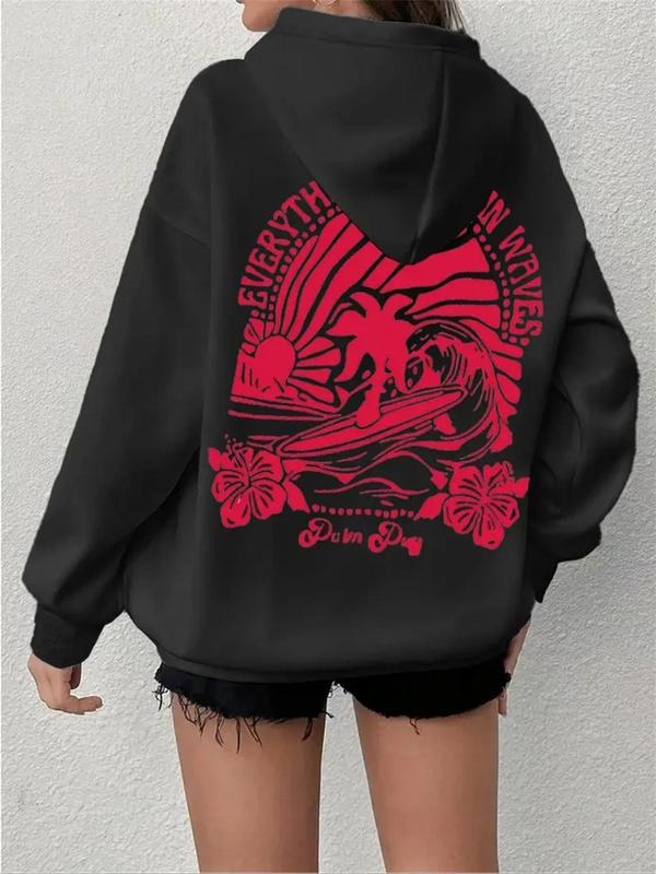 Women's Floral & Letter Print Drop Shoulder Hoodie, Fashion Casual Drawstring Pocket Hooded Sweatshirt for Daily Holiday...