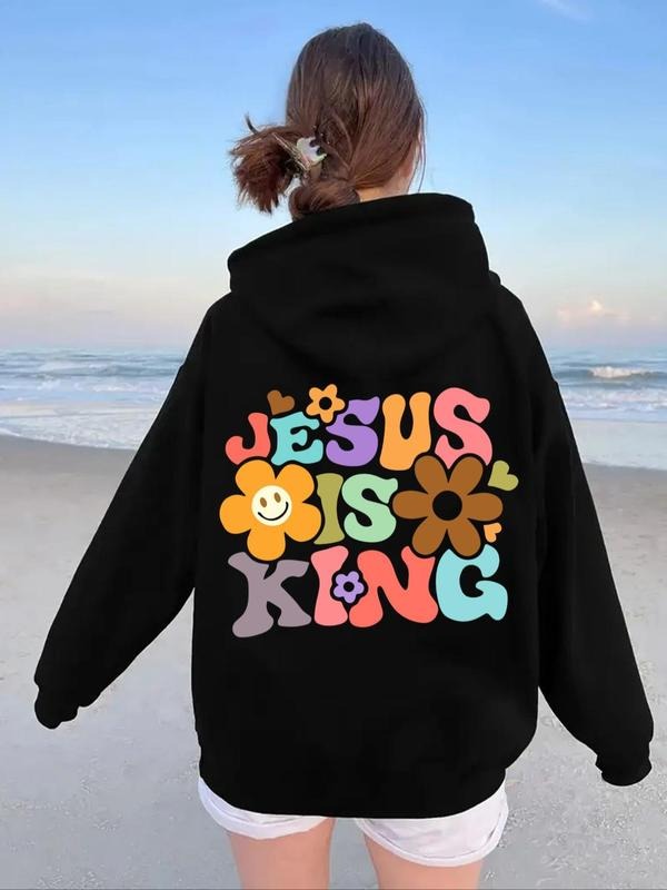 Women's Floral & Letter Print Drop Shoulder Hoodie, Fashion Casual Drawstring Pocket Hooded Sweatshirt for Daily Holiday...