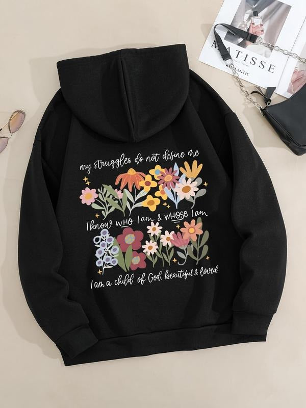 Women's Floral & Letter Print Drop Shoulder Hoodie, Fashion Casual Drawstring Pocket Hooded Sweatshirt for Daily Holiday...