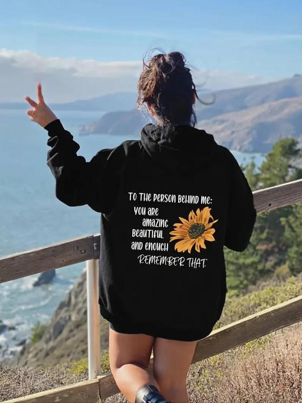 Women's Floral & Letter Print Drop Shoulder Hoodie, Fashion Casual Drawstring Pocket Hooded Sweatshirt for Daily Holiday...