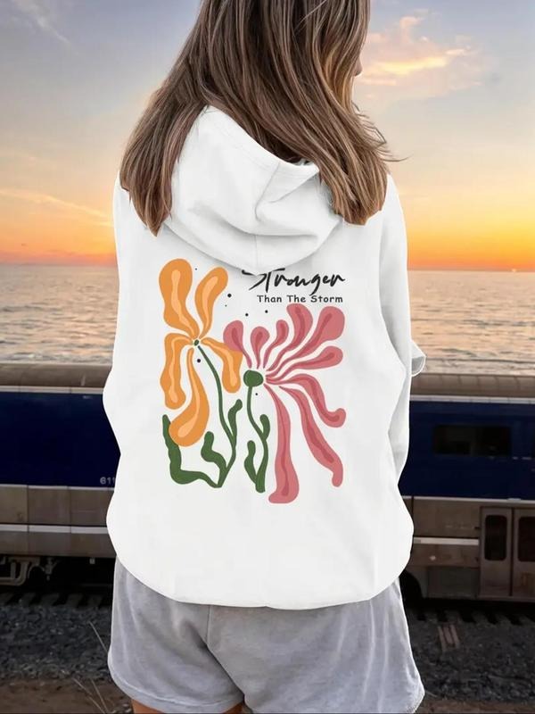 Women's Floral & Letter Print Drop Shoulder Hoodie, Fashion Casual Drawstring Pocket Hooded Sweatshirt for Daily Holiday...
