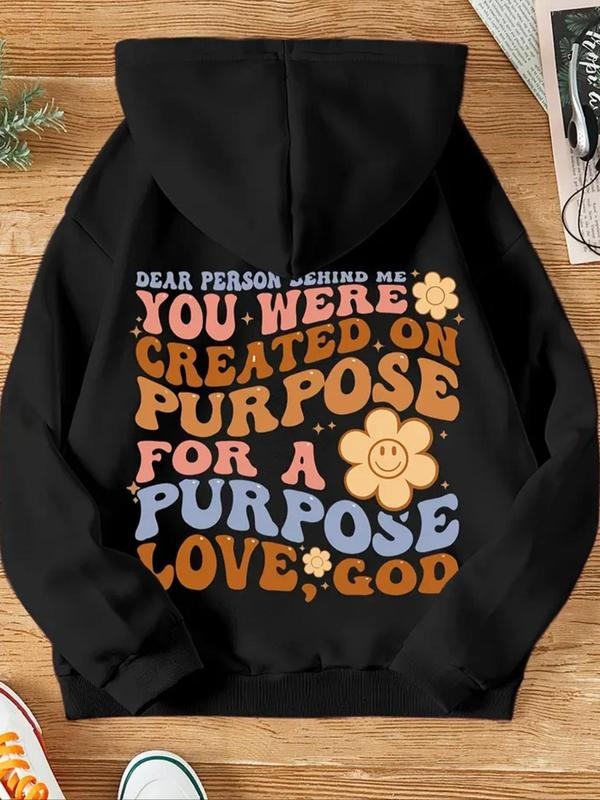 Women's Floral & Letter Print Drop Shoulder Hoodie, Fashion Casual Drawstring Pocket Hooded Sweatshirt for Daily Holiday...