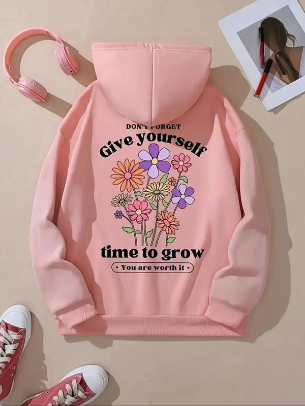 Women's Floral & Letter Print Drop Shoulder Hoodie, Fashion Casual Drawstring Pocket Hooded Sweatshirt for Daily Holiday...