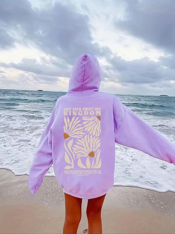 Women's Floral & Letter Print Drop Shoulder Hoodie, Fashion Casual Drawstring Pocket Hooded Sweatshirt for Daily Holiday...