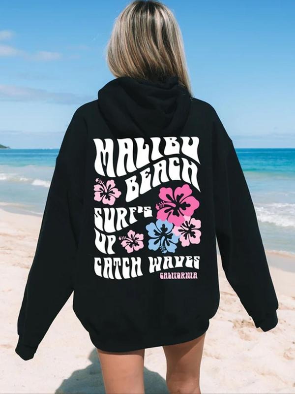 Women's Floral & Letter Print Drop Shoulder Hoodie, Fashion Casual Drawstring Pocket Hooded Sweatshirt for Daily Holiday...